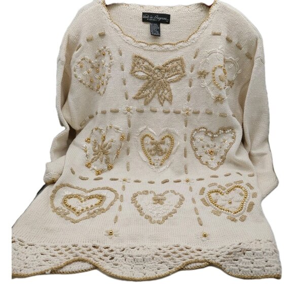 Work In Progress Women’s Ivory Sweater Size XL 18 / 20 Beaded Hearts Bow - Picture 1 of 12
